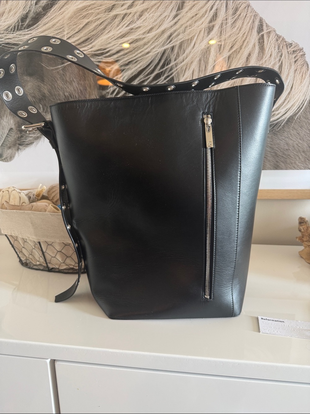 Reformation black bucket, leather bag